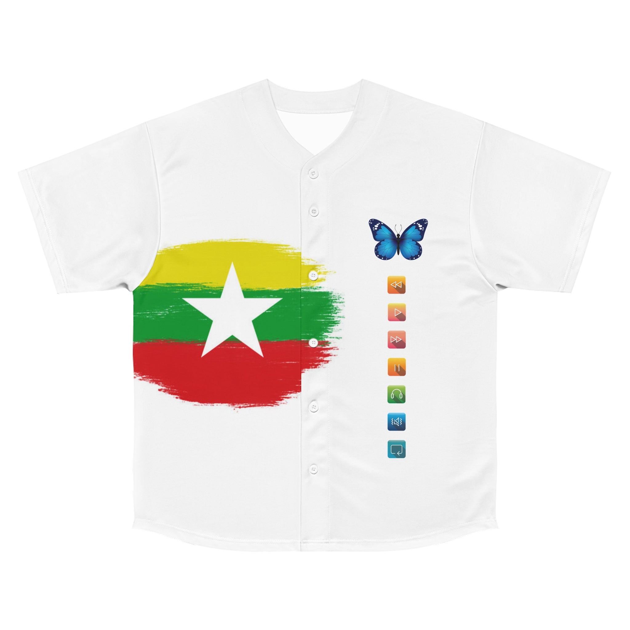 Myanmar Flag Baseball Jersey with Butterfly & 'HUMAN' Graphic