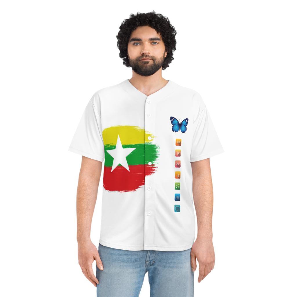 Myanmar Flag Baseball Jersey with Butterfly & 'HUMAN' Graphic